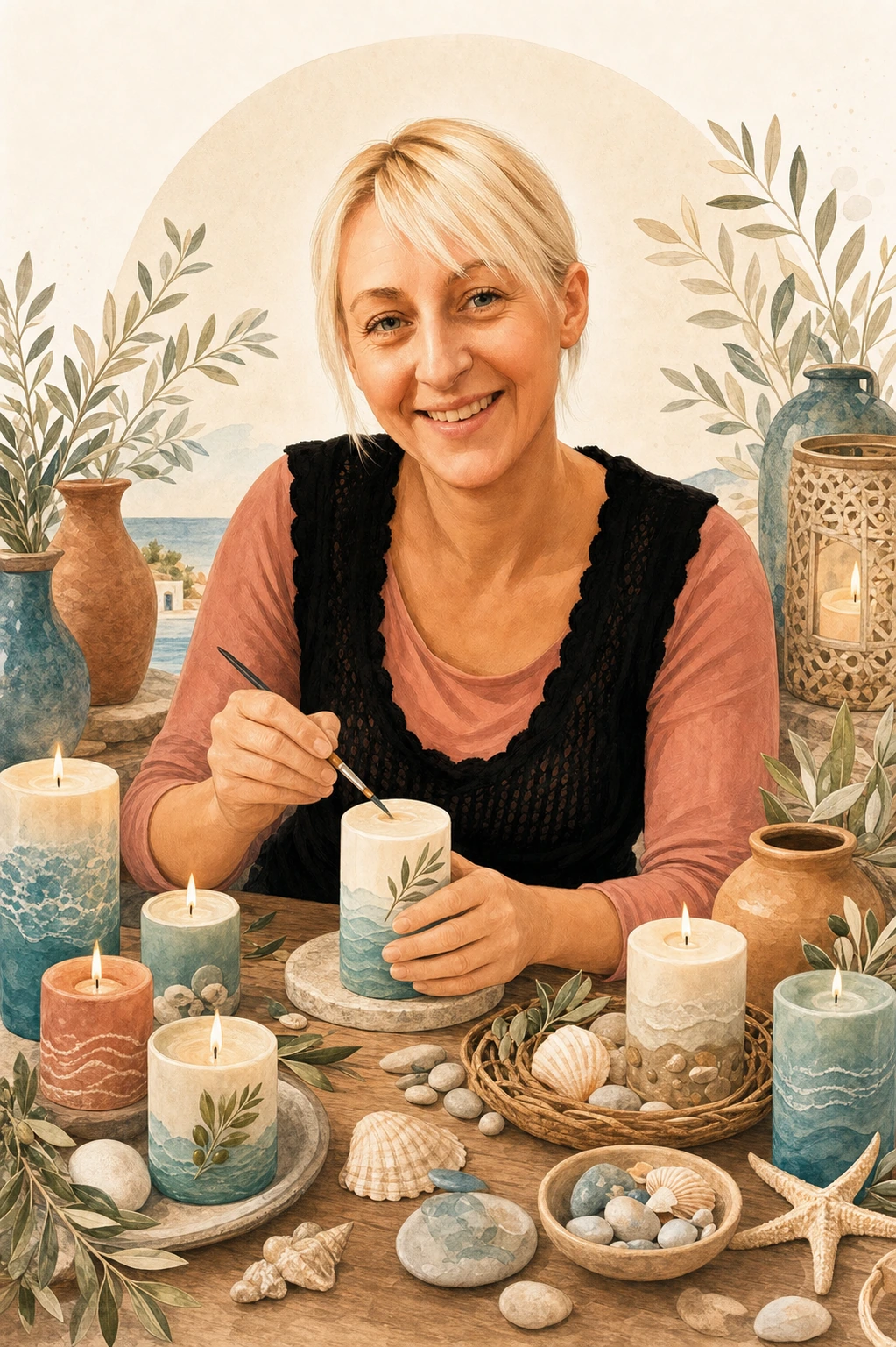 Stilisierte Anna beim Bemalen mediterraner Kerzen mit Oliven- und Küstenmotiven